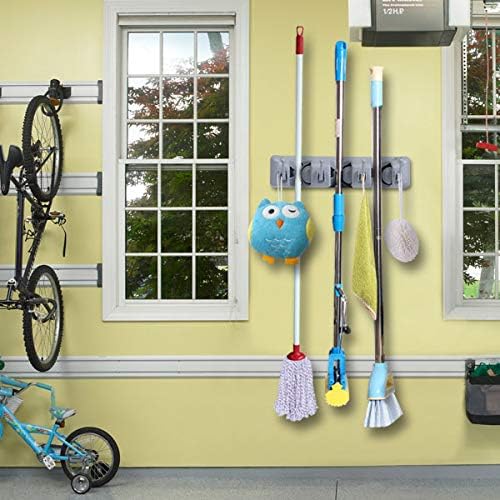 Vicloon Broom Mop Holder Tidy Organizer, Wall Mounted Organizer with 3 Position 4 Hooks for Brush Mop and Broom Tool Storage