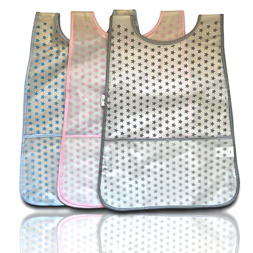 NAGAD Pack de 3 Baberos bebe impermeables de estrellas, para niño y niña sin mangas- Baberos niños tipo delantal ideales para pintar o comer- Mandil para niños para jugar sin mancharse