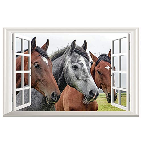 Homefind Horse Wall Decals 3D Faux Window View Decals Removable Fake Window Scene Wall Stickers Home Decor Art Mural Animals for Living Room Kids Room Nursery 23" w x 15" h