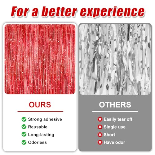 Image of Crosize 3 Pack 3.3 x 9.9 ft Laser Red Foil Fringe Curtains Party Decorations, Laser Red Tinsel Curtain Backdrop for Parties, Door Streamers, Glitter Streamer Backdrop for Birthday Decoration