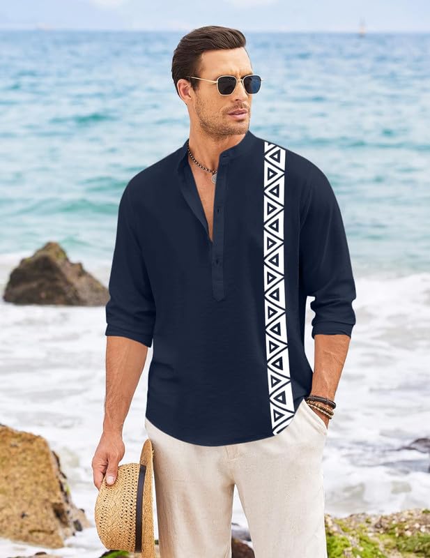 Image of FINIVO FASHION Men's Short Kurta with Printed Geometric Side Panel | Cotton Blend Full Sleeve Ethnic Topwear with Mandarin Collar | Stylish Indo-Fusion Kurta for Daily, Festive, or Casual Wear