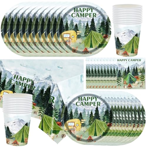 Happy Camper - Stoviglie da campeggio da 9, piatti, bicchieri, tovaglioli, tovaglioli, tovaglia, per camper, falò, foresta, picnic, avventura, accessori per feste