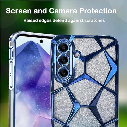 Image of VONZEE Gradient Glitter Case for Samsung A26, Luxury Electroplated 3D Cube, Diamond Bling Shiny Soft TPU Clear Shockproof Women Girls Protective Phone Cover (Blue)
