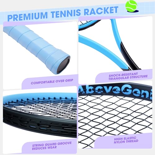 Image of AboveGenius 27 inch Tennis Racket Set,2 Pack Adult Tennis Racquets for Beginners & Intermediate,Pre-Strung 105sq in Oversized Head,Include 3 Balls, 2 Overgrips & Carry Bag for Women & Men (Pink /Blue)