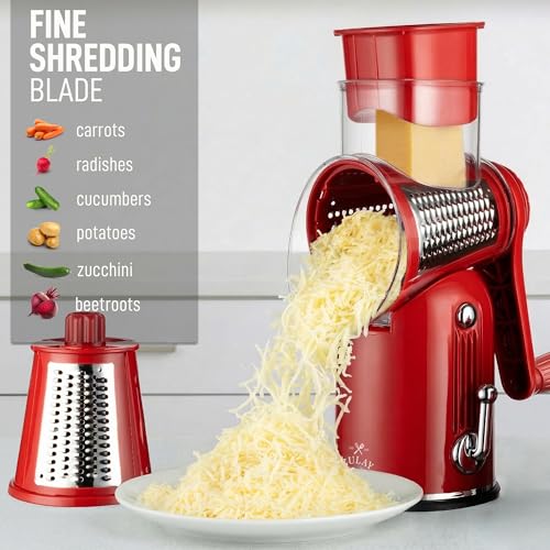 Image of Zulay Kitchen Rotary Cheese Grater 5 Blade Cheese Shredder - Manual Hand Crank Cheese Grater With Reinforced Suction & 5 Interchangeable Drums - Easy to Use, Vegetable Chopper Round Mandoline Slicer