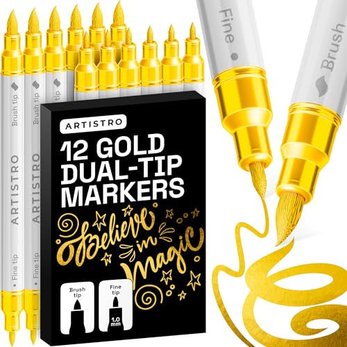 Image of ARTISTRO 12 Gold Acrylic Paint Markers - Paint Pens for Drawing - For Fabric, Rock, Glass, Wood, Molds - Arts & Crafts Gift for Adults, Teens, Kids, Classroom Must Haves & School Supplies