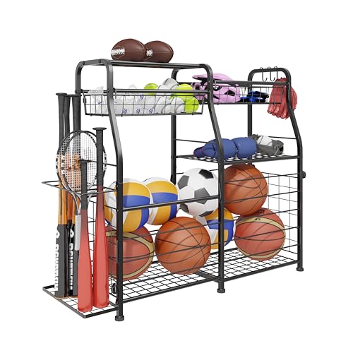 Garage Sports Equipment Organizer – Ball Storage Rack with Elastic Rope or Wire Mesh,Garage Organizer System with Wheels,Indoor/Outdoor Sports Rack for Sports Gear and Toys Storage,Black