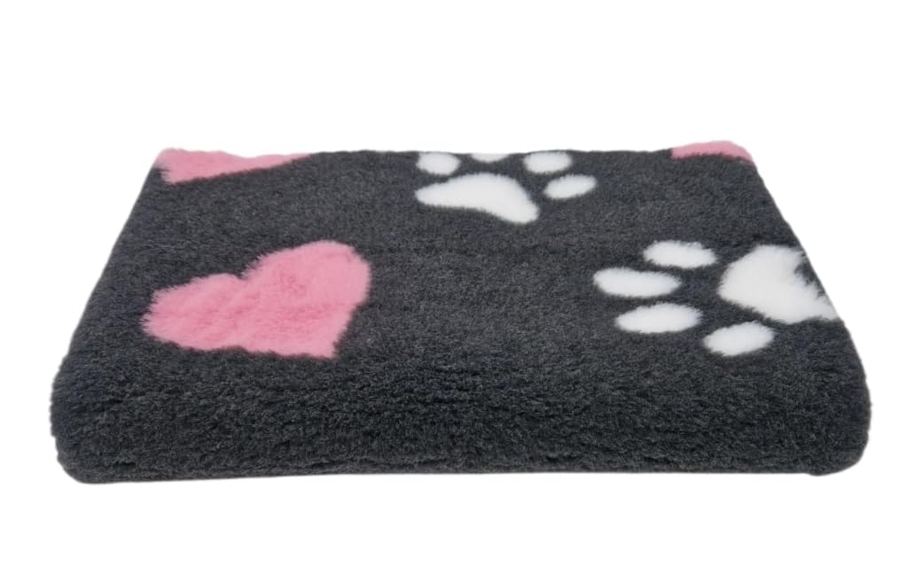 WOOF AND PUP | Non Slip Vet Bedding | Machine Washable | Dog Bed | UK Manufactured | Non Slip (Charcoal Pink White Heart and Paws, 100cm x 100cm (40" x 40"))