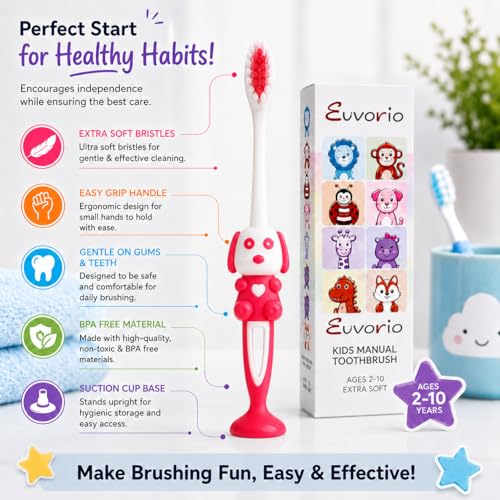 Image of Toothbrush for Kids with Ultra Soft Bristles for Oral Cleaning, Suitable For 2-12 Years Toddlers, Dog Design, Red, Pack of 1