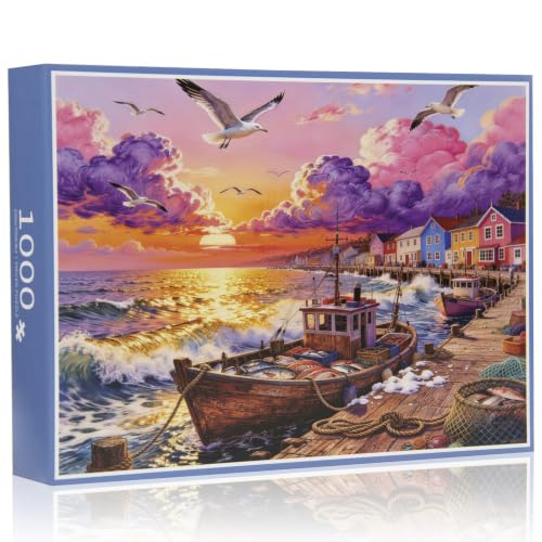 Rompecabezas de 1000 piezas Beach Sunset para adultos, paisaje costero con barco oceánico y casa frente al mar miniatura 7