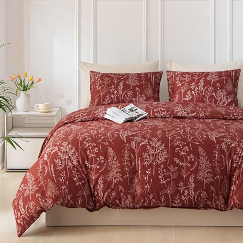 Image of Lekesky Floral Duvet Cover King Size, Deep Red Duvet Cover King Plant Flowers Pattern Bedding Set for All Season, Soft Breathable Duvet Cover with Zipper Closure & Corner Ties