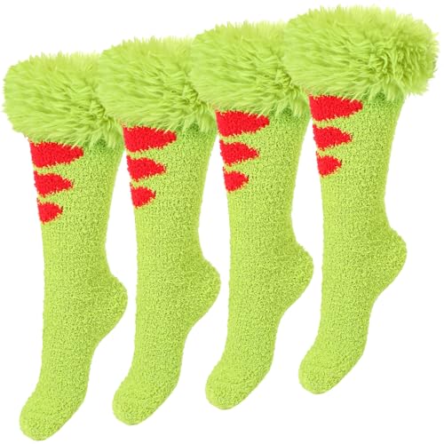2 Pairs Christmas Lime Green Fuzzy Socks Xmas Plush Knee High Slipper Socks with Furry Faux Fur for Women Men Christmas Winter Gift