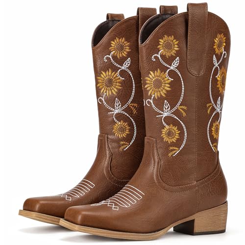 Image of Cowboy Boots for Women - Mid Calf Western Sunflower Cowgirl Boots with Floral Embroidery, Square Toe Stitched Pull On Retro Design, Perfect for Country Idyll, Concerts and More