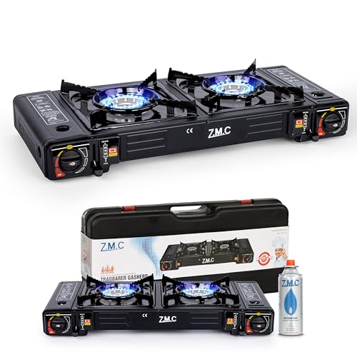 ZMC Camping Gaskocher 2-flammig, 2,5 KW inkl. Adapter für LPG Anschluss + Aufbewahrungskoffer Campingkocher Set mit Piezozündung, für Outdoor und Innenraum