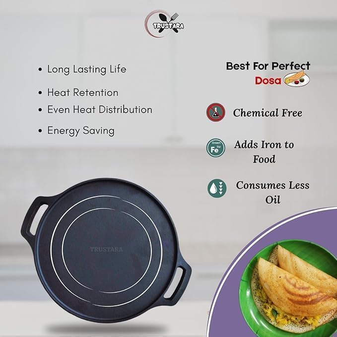 Image of Pre-Seasoned Cast Iron Tawa for Dosa /Chapathi /Roti | 29 cm, 2.7kg| Gas & Induction Stove-Friendly | Non-Stick, Pre-Seasoned Tawa, Long Lasting & Toxin-Free, No Chemical Coating, Black-M1 (25)