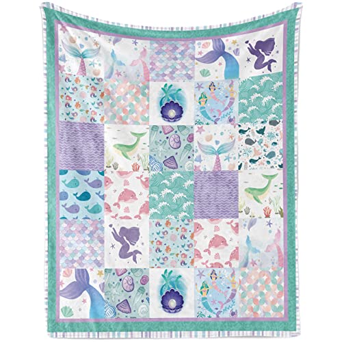 Mermaid Throw Blanket for Baby Girls Soft Mermaid Plush Flannel Blanket for Toddler Purple Green Cartoon Mermaid Ocean Theme Cozy Fluffy Blanket for Kids Gift Couch Sofa Nursery 100 x 130 cm