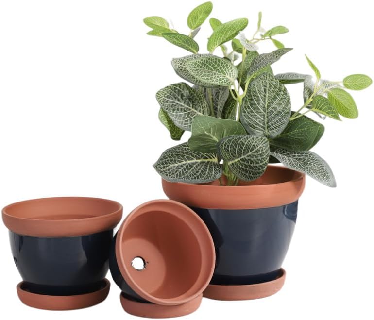 Fcacti Terracotta Pots Set with Saucer,5/6/7 inch Ceramic Clay Planters with Drainage Hole,Garden Flower Succulent Pots with Tray for Indoor Outdoor Plants,Set of 3-Black