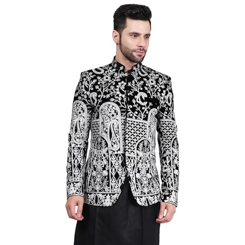 Image of WINTAGE Embroidered Velvet Black Bandhgala :- 46 / 2X-Large :- Blazer1559short