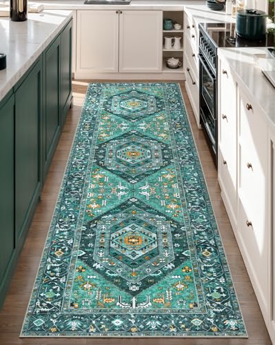 SERISSA Boho Washable Runner Rug, 2'6"x8' Rug Runner Non-Slip Vintage Teal Hallway Kitchen Runner Rug Ultra Soft Print Distressed Tribal Floor Carpet Runner for Bedroom Bathroom Laundry Room