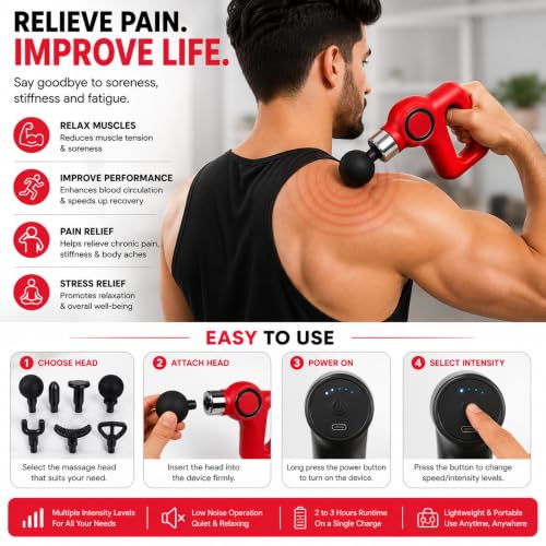 Image of Muscle Drago Massage Gun for Pain Relief & Muscle Recovery | Deep Tissue Percussion Massager with 6 Massage Heads, USB Rechargeable, Quiet Motor, Portable Handheld Body Massager for Neck, Back, Shoulder & Legs