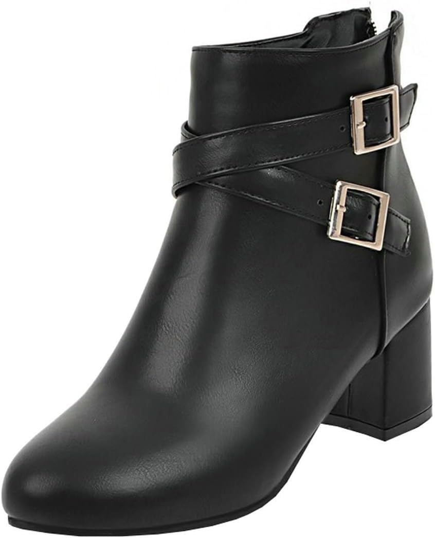 BEAUPAS Women's Chunky Buckle Ankle Boots High Block Heel Ankle Booties Round Toe Zipper Shoes