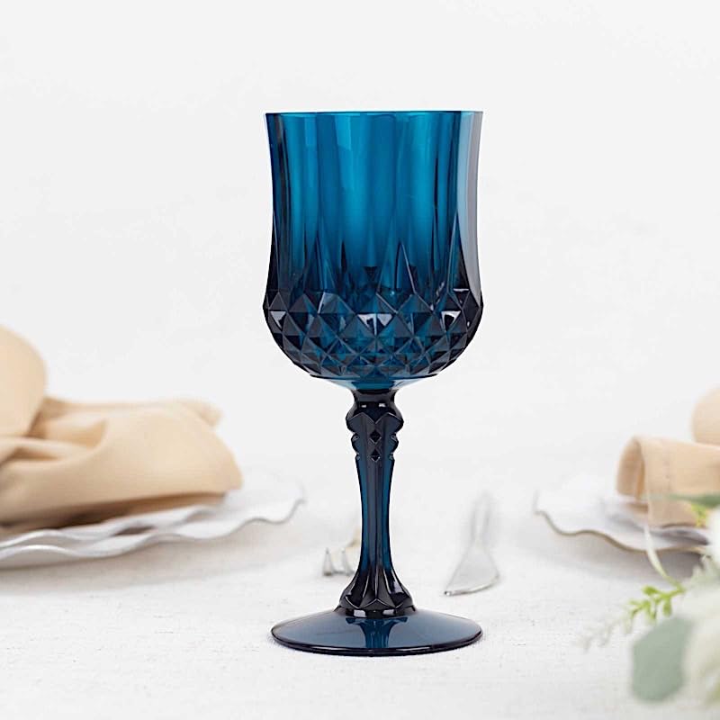 6 Disposable 8 oz Navy Blue Crystal Cut Goblets – Clear Drinkware, Plastic Wine Glasses for Weddings Parties Events Receptions Home Bar Cocktails Dining Tableware Decorations