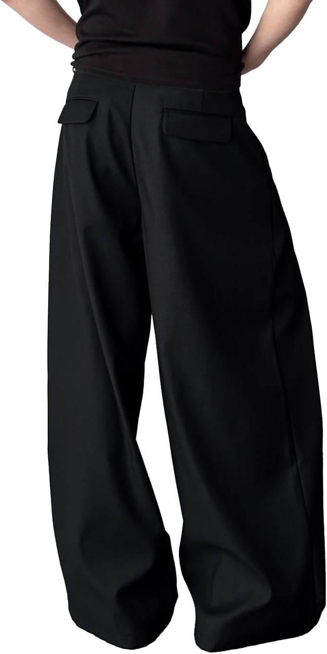 THWEI Men's Baggy Wide Leg Pants Zipper Fly Pleated Trousers Casual Dress Pants with Pocket Black M - Image 4