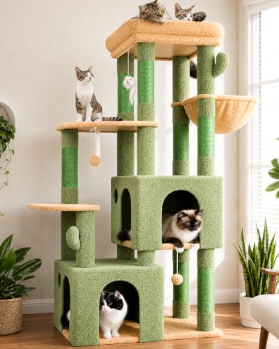 Image of Globlazer Cactus Cat Tower for Indoor Cats, Heavy Duty Cat Trees for Large Cats Adult Big Cats Maine Coon Cat Tree Tower with Scratching Post, Extra Large Top Perch, Cat Condos, F61, Green, 61inch