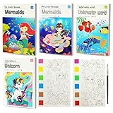 Libro magico a colori per bambini, set di 4 libri di attività per bambini, libri da colorare per bambini dai 4 agli 8 anni, kit per pittura a tema unicorno e sirena, con pennello, regalo di ritorno