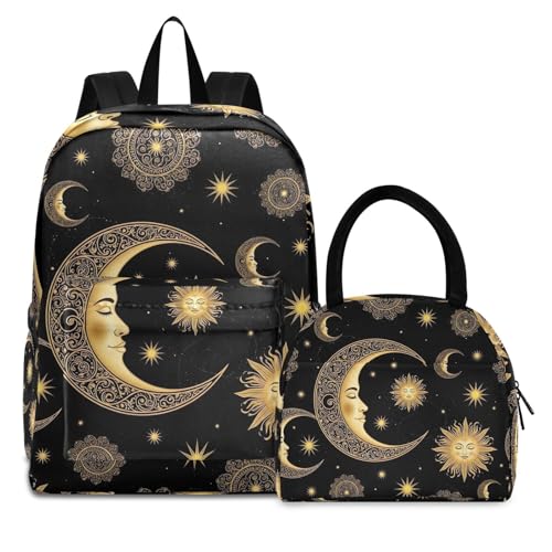 Sac à dos d'école lune soleil noir avec sac à déjeuner hermétique contre les fuites de repas