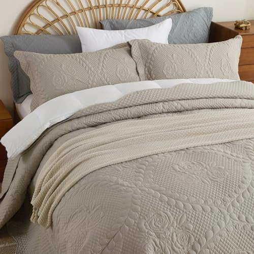Image of EVENHUG Oversized King Bedspreads California King Quilt Set with Pillow Shams Extra Wide Large King Size Quilts Lightweight Coverlet Bedding Sets Taupe 120 inchx128 inch