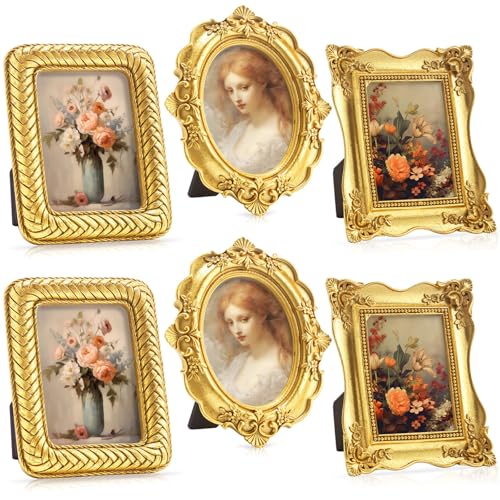 Beeveer 6 Pcs Vintage Small Gold Picture Frames Antique Resin Photo Frame Set with Glass Backboard for Tabletop Display or Wall Hanging Ornate Baroque Decor for Home Wedding Gallery Hotel(Classic)