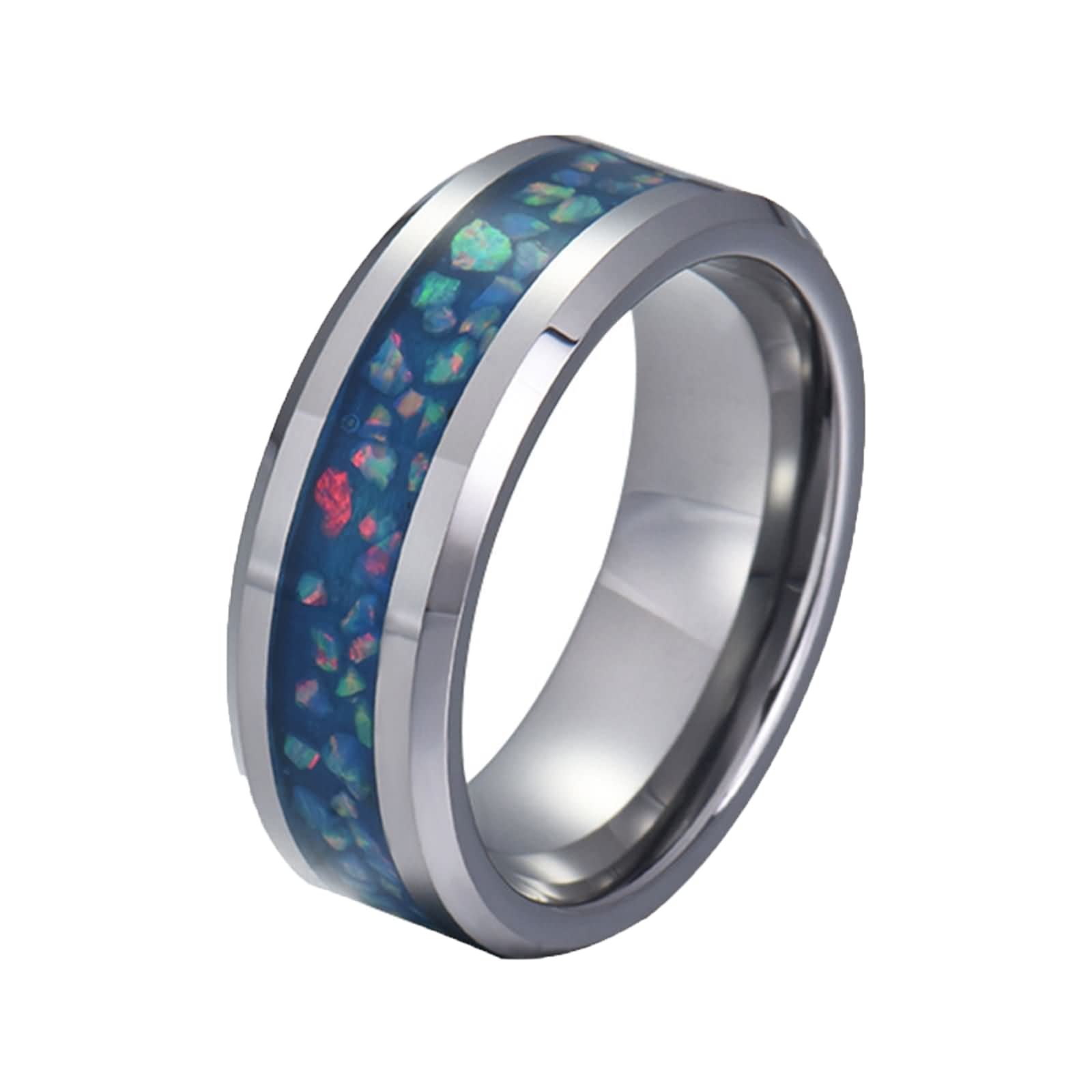 Anelli Uomo Tungsten Sintetico Blu Opale Anello Anello Uomo Incisione Personalizzata 8MM Anello Nuziale Argento Blu Misura 12-31