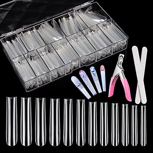 360Pcs Clear Nail Tips for Acrylic Nails Professional, XXXL Extra Long Straight Tapered Square Acrylic Nail Tips Full Cover Fake Nails, Nail Extension with Nail Files Clipper for DIY Nail Art Salon