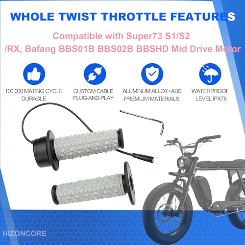Image of Full Twist Throttle for Super73, Ebike Throttle 3Pin Grip Kit, 12V-72V Plug and Play for Bafang Mid Drive Kit, 7 /8 inch 22mm Handlebar Electric Bike
