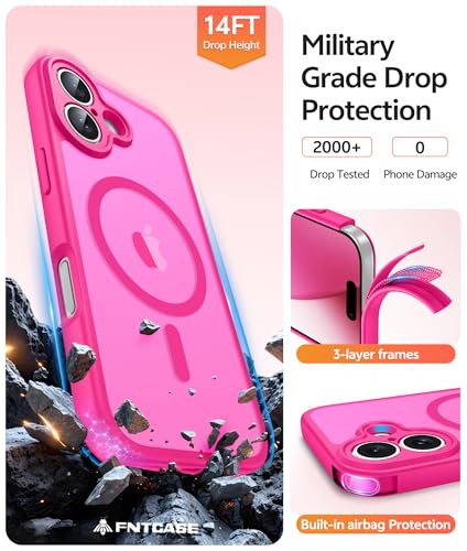 Image of FNTCASE for iPhone 17 Case: [Compatible with Magsafe] Translucent Matte Cases with [Full Camera Protection] [Screen Protector] Military Grade Shockproof Protective Phone Cover - Hot Pink
