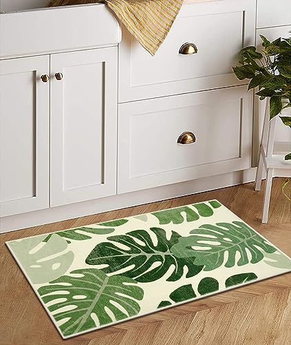 Lukinbox Leaf Area Rug 2X3 Green Washable Bathroom Rugs, Small Tropical Monstera Plant Velvet Kitchen Mat Non-Slip Bath Rug For Indoor Outdoor Entryway Bedroom Living Room Bedside #TOP4