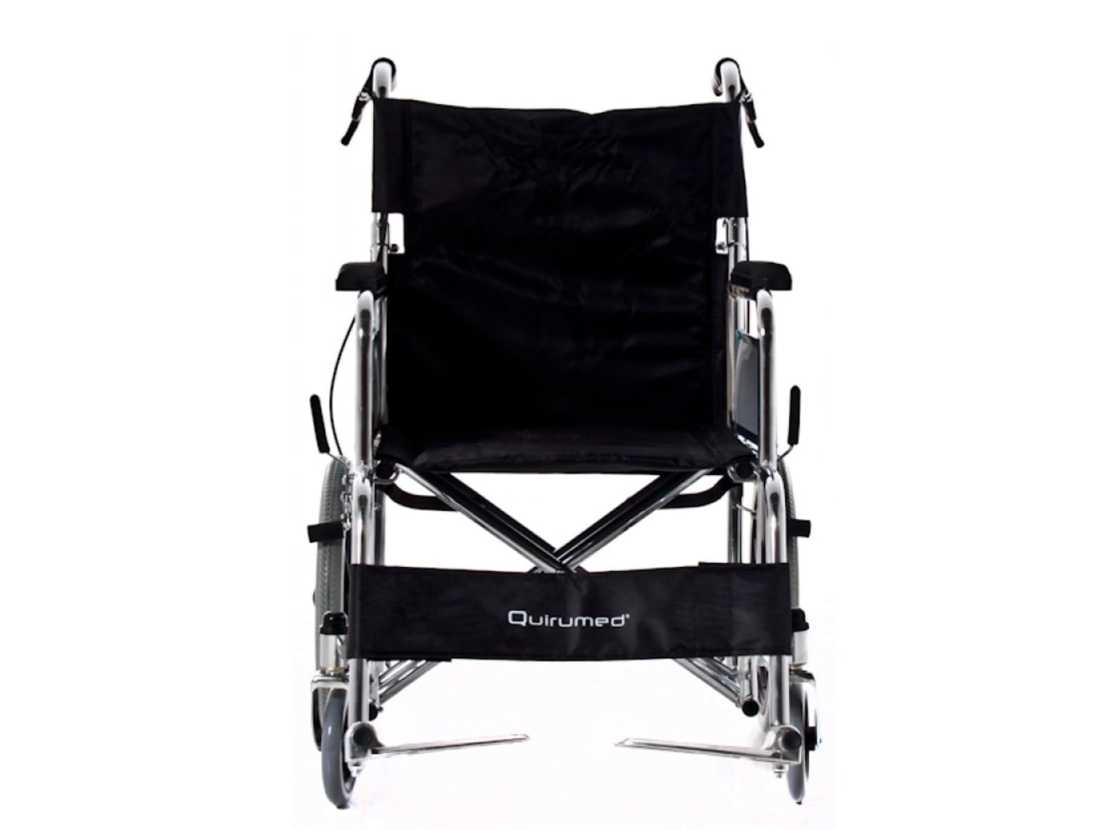 QUIRUMED Silla de ruedas plegable de acero cromado para transporte, traslado, Ligera, Frenos de maneta y frenos de mano, Respaldo abatible, Fácil plegado, Para mayores, Para minusválidos