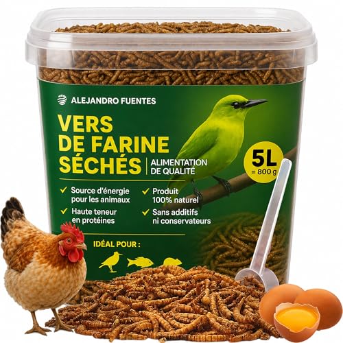 AF® vers de Farine Séchés Premium, 5L Ver de Farine Deshidraté 52% Protéines, Snack Naturel pour Hérisson, Reptiles et Rongeurs, 100% Naturel sans Additifs avec Fermeture Zip
