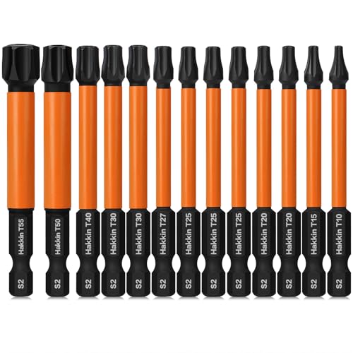 Torx Bit Set Hakkin 13Pcs Impact Torx Bit Set S2 Steel 75mm Heavy Duty Tamper Proof Torx Screwdriver Sets for Impact Driver T10 T15 T20 T25 T27 T30 T40 T50 T55