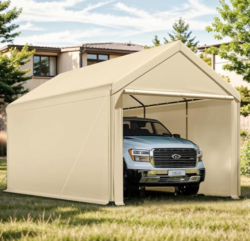 Posto auto coperto, 3 x 6 m, resistente, garage portatile con pareti laterali e porte rimovibili, tettoia per auto con telone per tutte le stagioni, per feste in auto, barca, camion (beige)