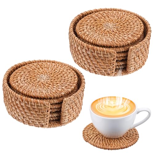 12 Pack Handmade Rattan Coasters with Holder, 4 Inch Natural Wicker Boho Drink Coasters Set...