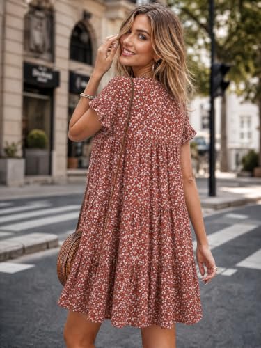 Image of Imysty Womens Boho Floral Ruffle Sleeve Babydoll Loose Flowy Casual Summer Pleated Mini Dress