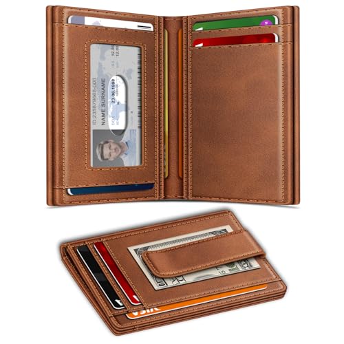 Image of Wallet for Men 14-16 Cards, Men's Leather Wallet, Minimalist Thin Card Holder RFID Blocking Money Clip with Simplified Bill Folder & Magnetic Closure, Gifts for Men, Brown