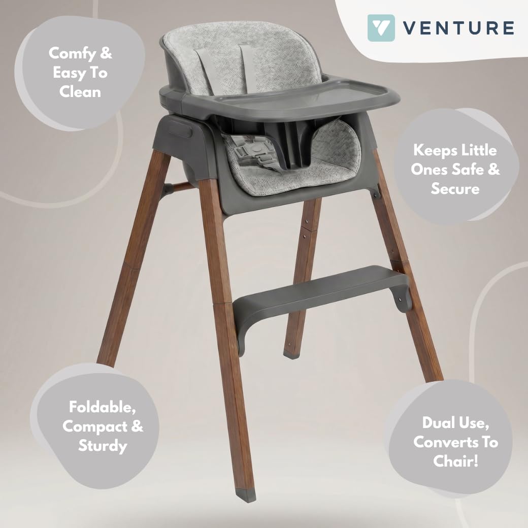 Venture Neyo 2-in-1 Foldable High Chair for Baby and Toddler, Convertible Baby Highchair with Wood Effect Legs, Removable Tray & Cushion, 5 Point Harness, Compact Folding (Grey) - 3