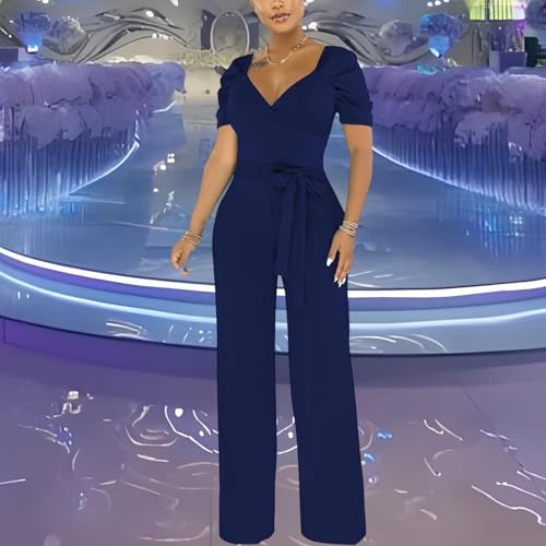 Image of PaladMom Womens Elegant Plus Size Jumpsuits Sexy Back zipper Short Sleeve Mid Waist Wide Leg Straight Rompers