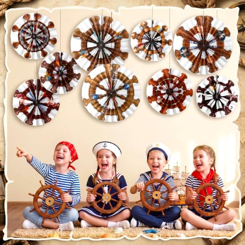 Image of Outus 9 Pcs Nautical Party Decorations Ship Wheel Paper Fans Hanging Decor Coastal Ship Wheels Wall Ceiling Decoration for Sailor Theme Baby Shower Ocean Pirate Beach Cruise Birthday Party Supplies