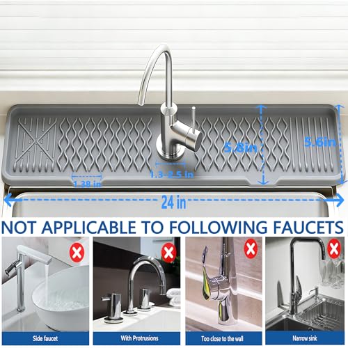 Image of EBIGIC 24 Inch Silicone Faucet Mat for Kitchen Sink, 7 Slope Fast Self-Draining Sink Splash Guard, Kitchen Sink Water Catcher Organizer, Kitchen Sink Accessories (Gray, 24''x5.6'')