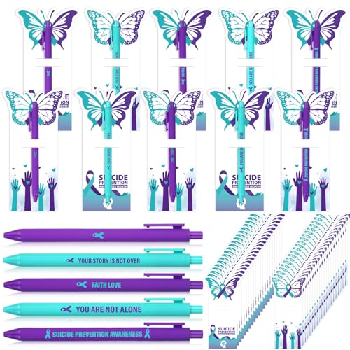 Furbeko 50 Sets Suicide Prevention Awareness Pens Bulk Teal Purple Ribbon Ballpoint Pen with Motivational Butterfly Cards Plastic Retractable Pens (Suicide Prevention Awareness)