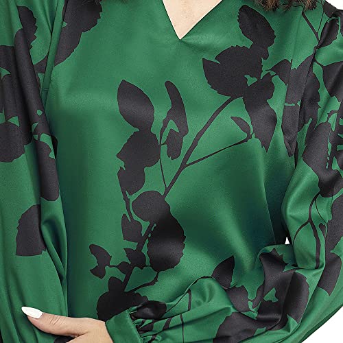 Image of FableStreet Women's V-Neck Green Satin Floral Dress